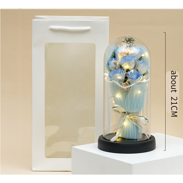 Artificial Rose Flower Glass Cover Dome Eternal Flower Bouquet LED Birthday Gift Valentine's Gift - Image 4