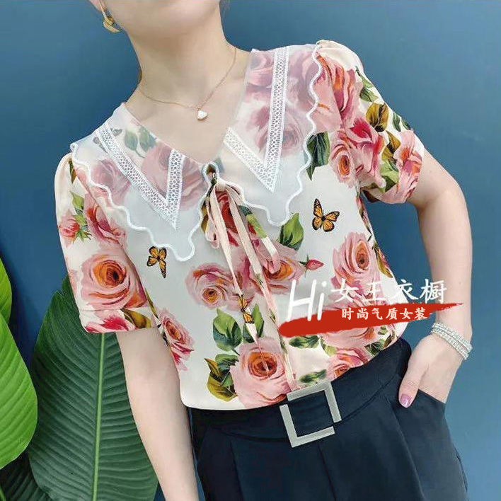 2022 Summer Korean Version Shirt Women’s Mother’s Wear Fashionable Belly-Covering Chiffon Shirt Women’s Floral Top Women’s Short-Sleeved T-Shirt 24.11.28