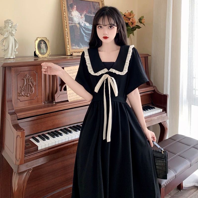 2022 Little Black Dress Lace-Up Doll Collar Dress Female Preppy Style Sweet Skirt Gentle French Long Dress