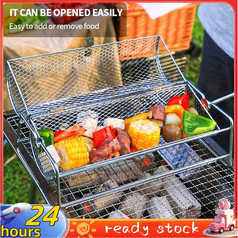 []Stainless Steel BBQ Grill Basket Rotisserie Rolling Mesh Cage for Roasting Barbecue Grill Accessory for Even Cooking