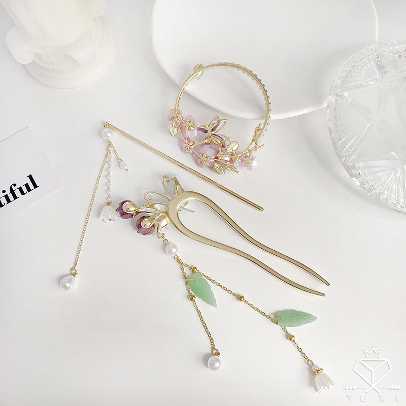 Han Chinese Clothing with Hair Accessories Simple Lily Hairpin Classical Ring Design Sense Hairpin Hair Plug Updo Hair Accessories QCAT