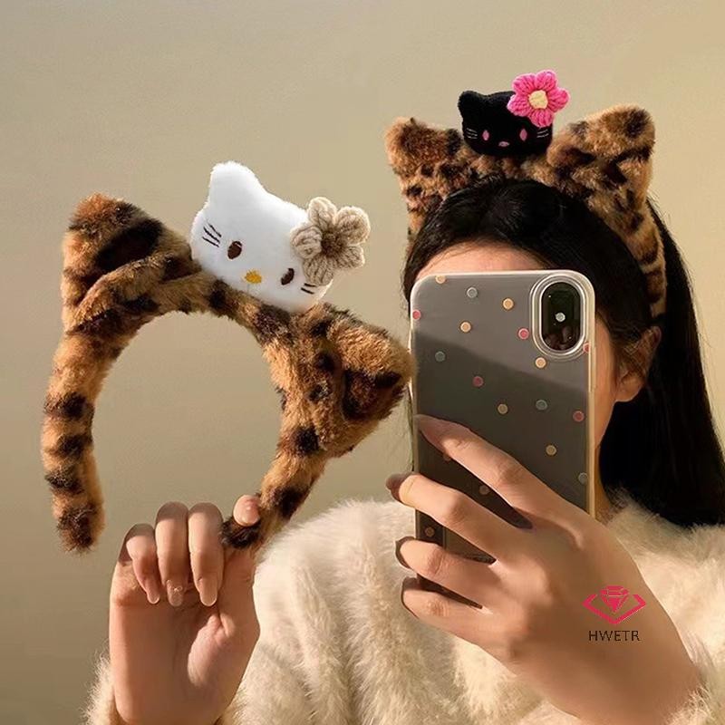 HWETR Sanrio Cartoon Plush Hello Kitty  For Women Girls Anime Leopard Print Hair Hoop Kawaii Versatile Hair Accessories Gifts new