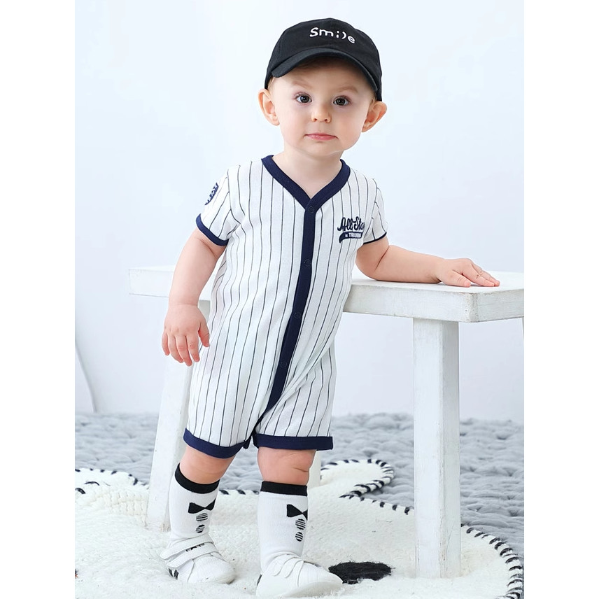 Foreign Trade Baby Boneless Clothes Boy Baby Striped Baseball V-Neck Romper Baby Short-Sleeved Romper Short Climbing Summer - Image 2