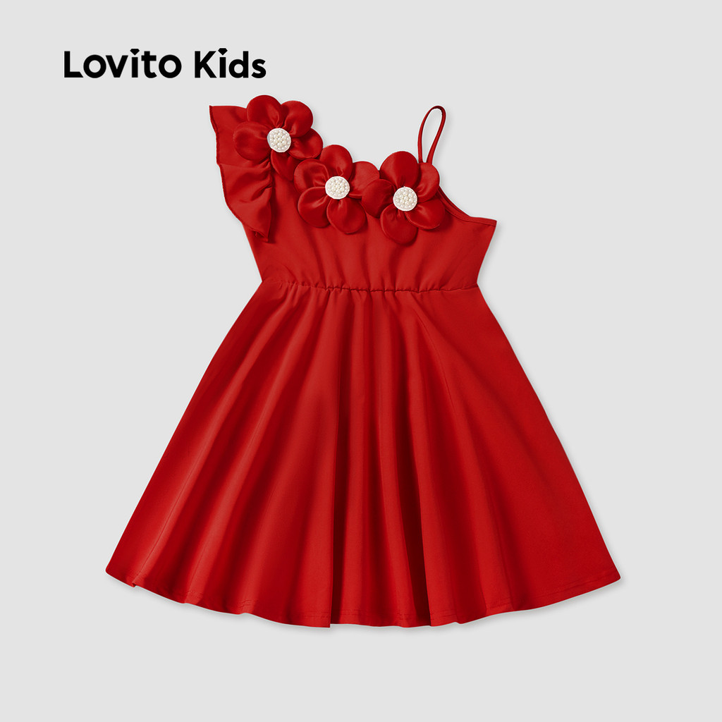 Lovito Kids Girl Cute Dress Asymmetrical Spring/summer Christmas/New Year Red Dress L162LD278 - Image 3