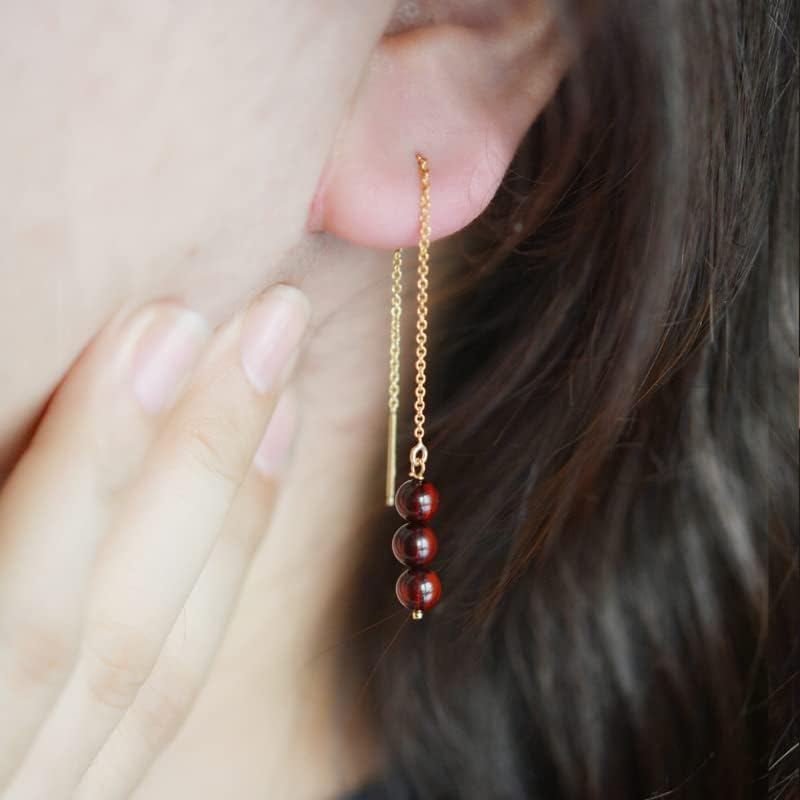 s925Silver thread earrings for women with blood amber and honey amber, elegant long earrings that make the face look slimmer, artistic handmade earrings
