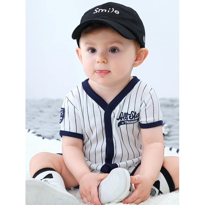 Foreign Trade Baby Boneless Clothes Boy Baby Striped Baseball V-Neck Romper Baby Short-Sleeved Romper Short Climbing Summer