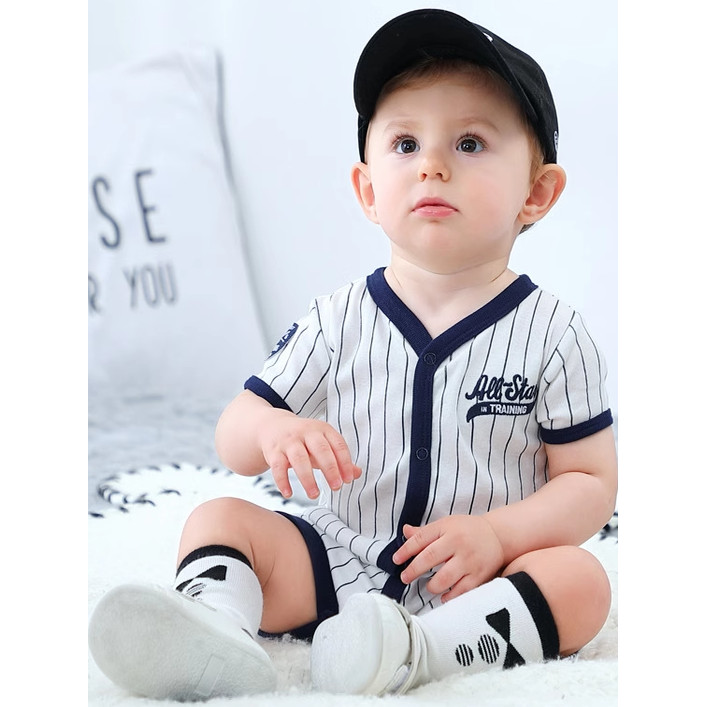 Foreign Trade Baby Boneless Clothes Boy Baby Striped Baseball V-Neck Romper Baby Short-Sleeved Romper Short Climbing Summer - Image 3