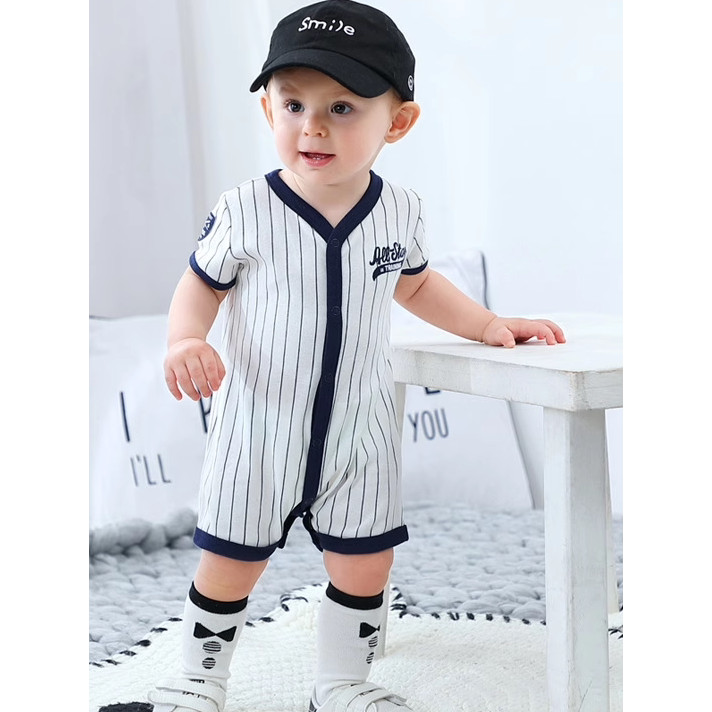 Foreign Trade Baby Boneless Clothes Boy Baby Striped Baseball V-Neck Romper Baby Short-Sleeved Romper Short Climbing Summer - Image 4
