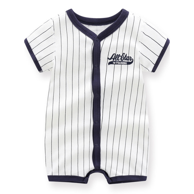 Foreign Trade Baby Boneless Clothes Boy Baby Striped Baseball V-Neck Romper Baby Short-Sleeved Romper Short Climbing Summer - Image 5