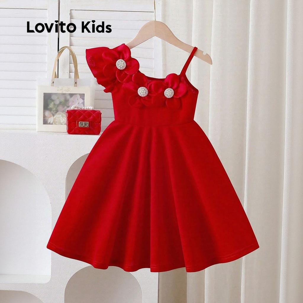Lovito Kids Girl Cute Dress Asymmetrical Spring/summer Christmas/New Year Red Dress L162LD278 - Image 2