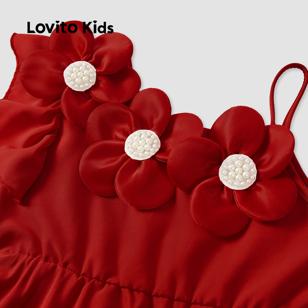Lovito Kids Girl Cute Dress Asymmetrical Spring/summer Christmas/New Year Red Dress L162LD278 - Image 5