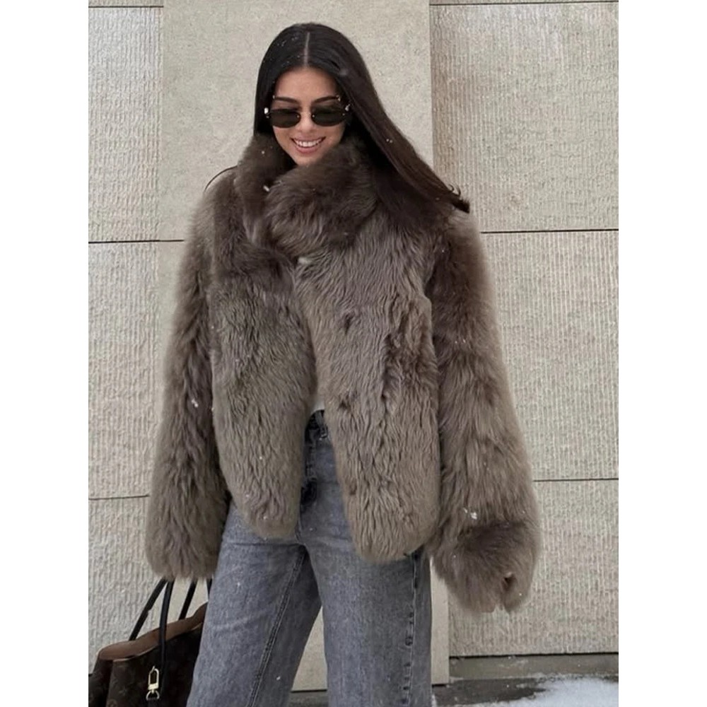 Women Fashion Fur Short Jacket Elegant Stand Up Collar Single Breasted Loose Outerwear Lady Dail 95J - Image 4