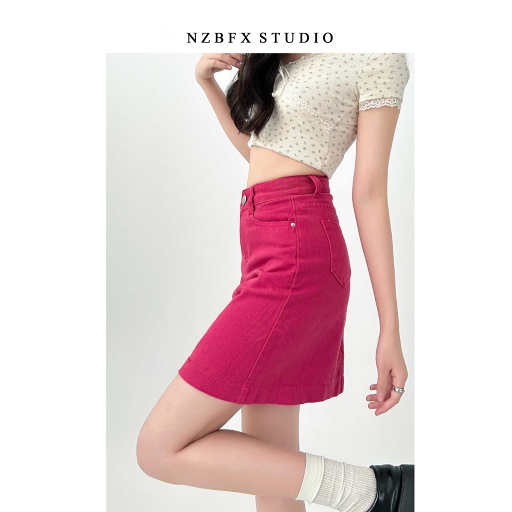 Rose Red Denim Skirt Women Summer High-Waisted Short Skirt Hip-Covered Anti-glare Skirt Hot Girl Pants Skirt - Image 3