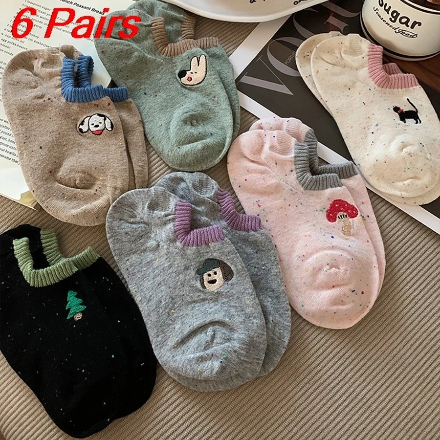 6 Pairs Ladies' Socks Set Korean Cartoon Dog Embroidery Kawaii Ankle Socks Cotton Summer Anti Sl E6Z