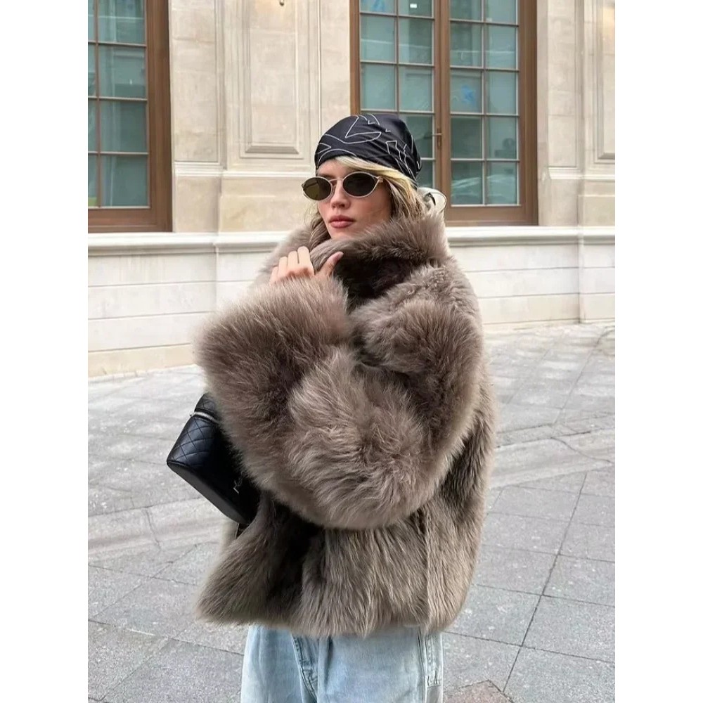 Women Fashion Fur Short Jacket Elegant Stand Up Collar Single Breasted Loose Outerwear Lady Dail 95J - Image 5