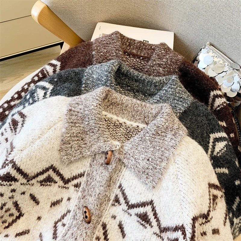 Aoaiiys Winter Knitwear Cardigan Women Turn-down Collar Single Breasted Sweater Coat Jacquard Fa 2HB - Image 5