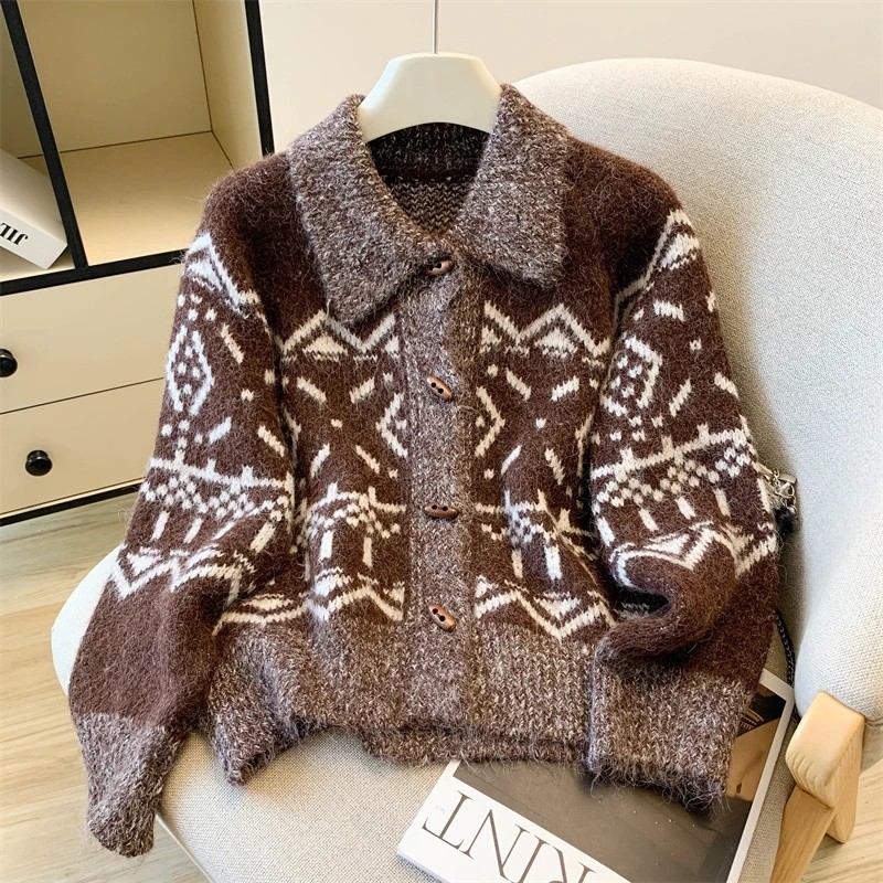 Aoaiiys Winter Knitwear Cardigan Women Turn-down Collar Single Breasted Sweater Coat Jacquard Fa 2HB - Image 2