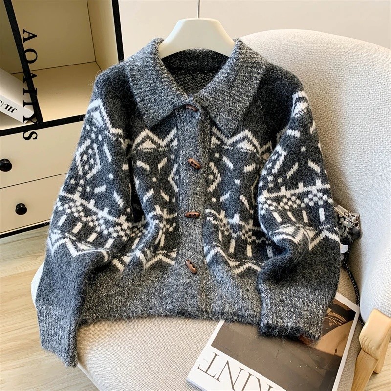 Aoaiiys Winter Knitwear Cardigan Women Turn-down Collar Single Breasted Sweater Coat Jacquard Fa 2HB
