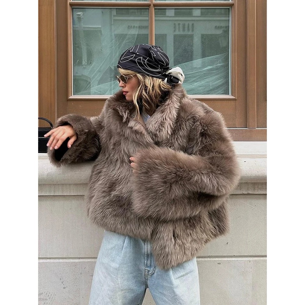 Women Fashion Fur Short Jacket Elegant Stand Up Collar Single Breasted Loose Outerwear Lady Dail 95J - Image 2