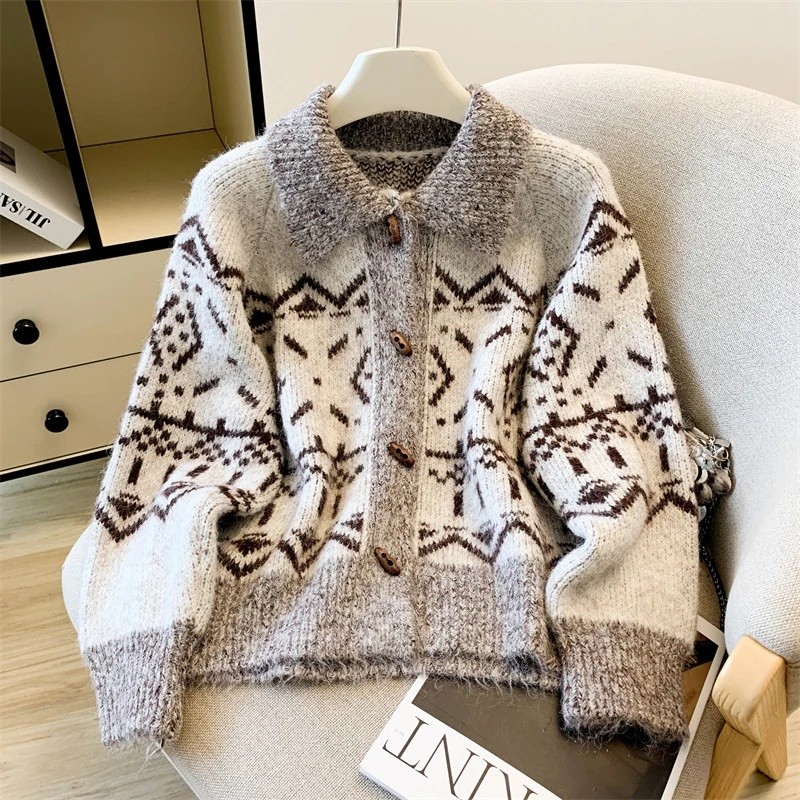 Aoaiiys Winter Knitwear Cardigan Women Turn-down Collar Single Breasted Sweater Coat Jacquard Fa 2HB - Image 4