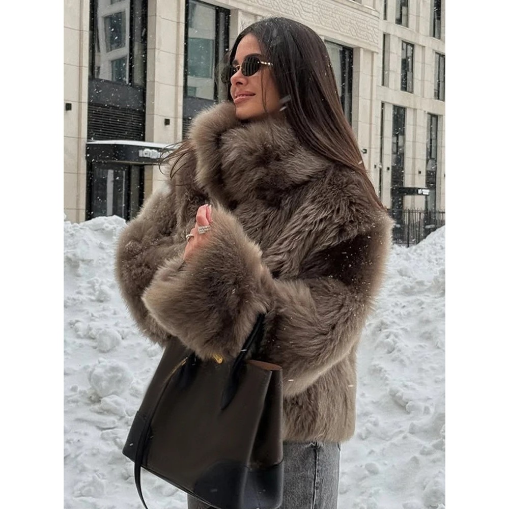 Women Fashion Fur Short Jacket Elegant Stand Up Collar Single Breasted Loose Outerwear Lady Dail 95J - Image 3