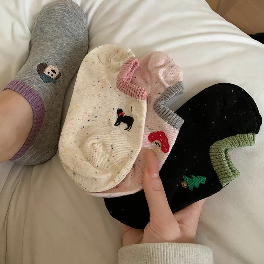 6 Pairs Ladies' Socks Set Korean Cartoon Dog Embroidery Kawaii Ankle Socks Cotton Summer Anti Sl E6Z - Image 2