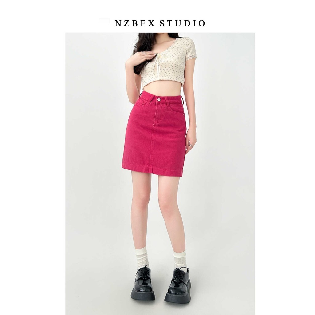 Rose Red Denim Skirt Women Summer High-Waisted Short Skirt Hip-Covered Anti-glare Skirt Hot Girl Pants Skirt - Image 4
