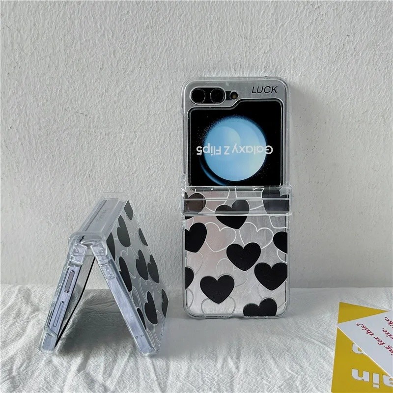 Black Heart Silver Phone Case For Samsung Galaxy Z Flip 7 6 5 4 Protective Back Cover For ZFlip5 BYJ - Image 3