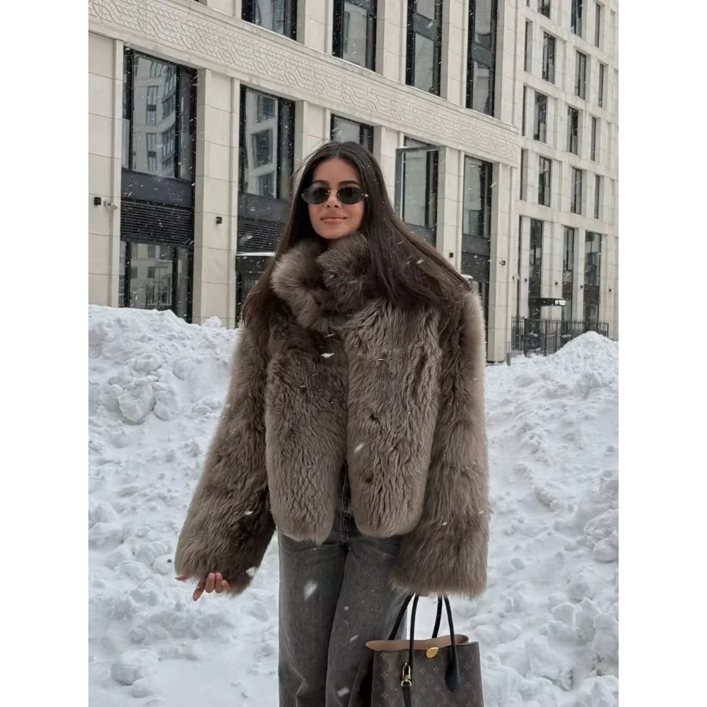 Women Fashion Fur Short Jacket Elegant Stand Up Collar Single Breasted Loose Outerwear Lady Dail 95J
