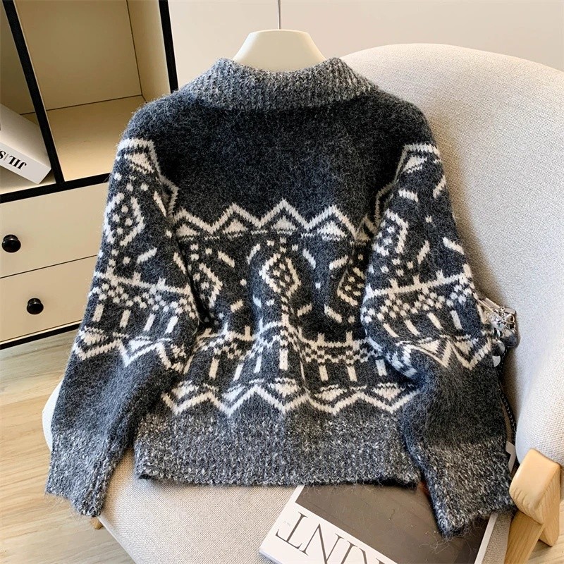 Aoaiiys Winter Knitwear Cardigan Women Turn-down Collar Single Breasted Sweater Coat Jacquard Fa 2HB - Image 3