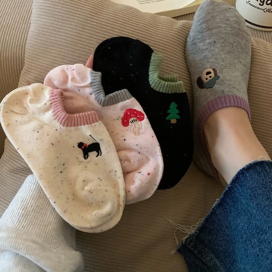 6 Pairs Ladies' Socks Set Korean Cartoon Dog Embroidery Kawaii Ankle Socks Cotton Summer Anti Sl E6Z - Image 3