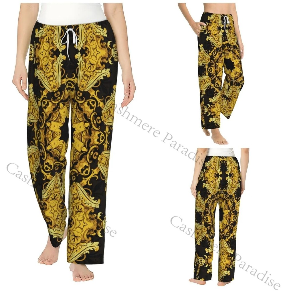 Golden Baroque Flowers Cozy Flannel Pajama Pants for Women Sleep Bottoms Home Loungewear AQN