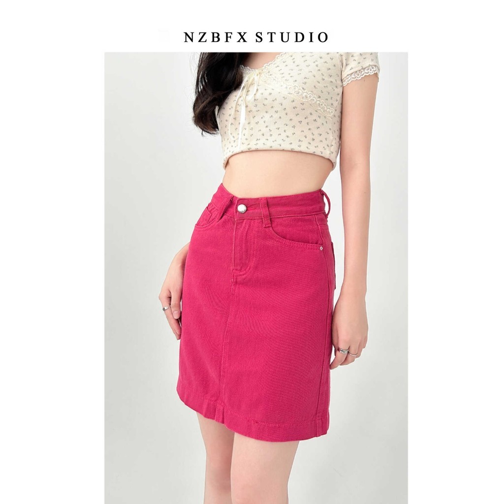Rose Red Denim Skirt Women Summer High-Waisted Short Skirt Hip-Covered Anti-glare Skirt Hot Girl Pants Skirt