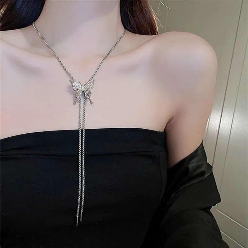Fashion Crystal Stereoscopic Butterfly Pendant Necklaces Jewelry Adjustable Necklace Long Arm C EPJ