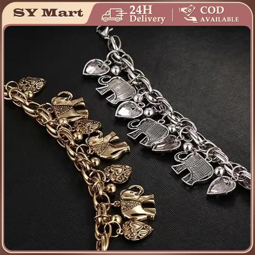 SYMart Boho Retro Elephant Heart Pendant Anklet Alloy Carved Bracelet Foot Ankle Chain Jewelry Gifts