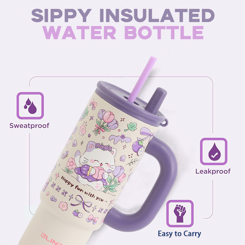 LINBAI Flask 24oz Colorful Insulated Tumbler with Straw Vacuum Stainless Steel Water Bottle Leakproof Cute Cup — view 6