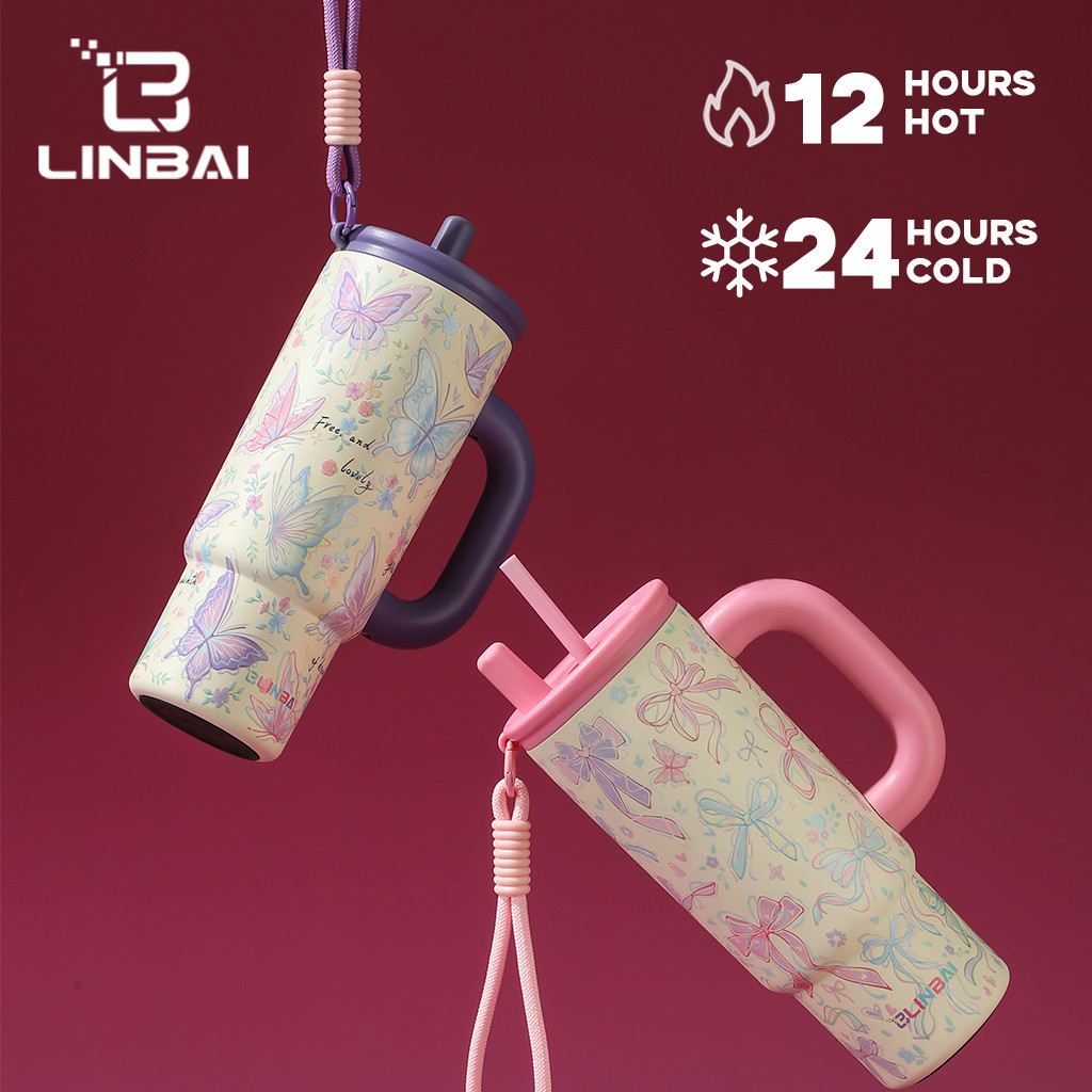 LINBAI Flask 24oz Colorful Insulated Tumbler with Straw Vacuum Stainless Steel Water Bottle Leakproof Cute Cup — view 5