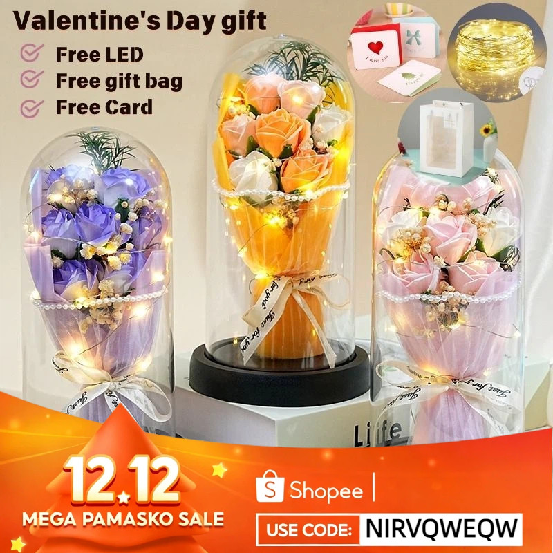 Artificial Rose Flower Glass Cover Dome Eternal Flower Bouquet LED Birthday Gift Valentine's Gift - Image 8