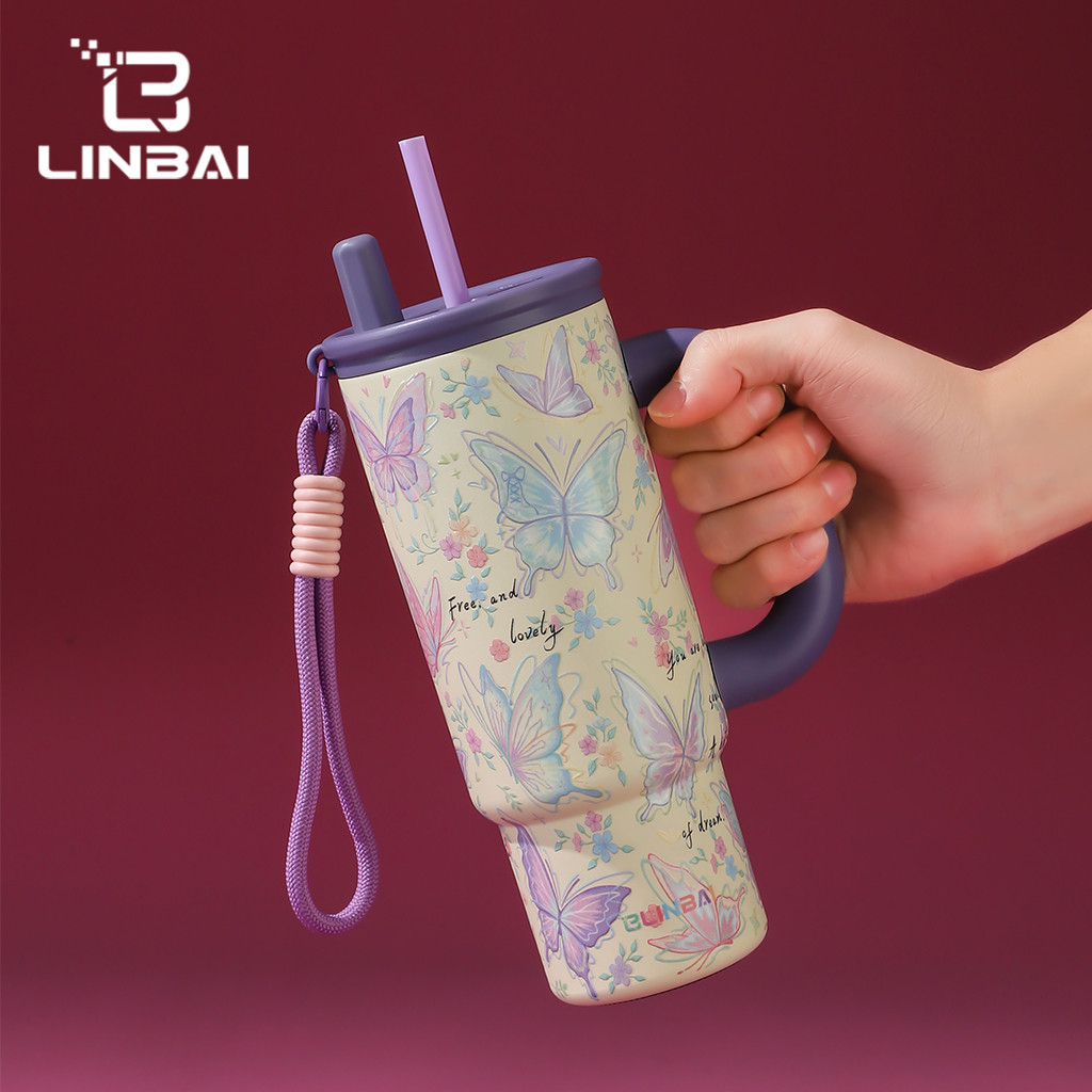 LINBAI Flask 24oz Colorful Insulated Tumbler with Straw Vacuum Stainless Steel Water Bottle Leakproof Cute Cup — view 8