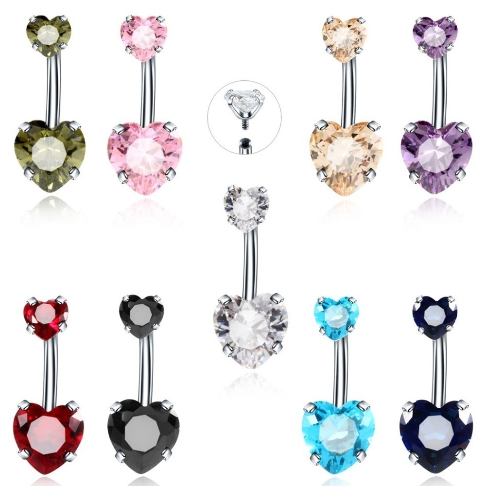 TIOMNV56II Belly Button Rings, Stainless Steel Heart Shape Navel Piercing, Popular Crystal Silver Zircon Piercing Body Jewelry for Gift - Image 3