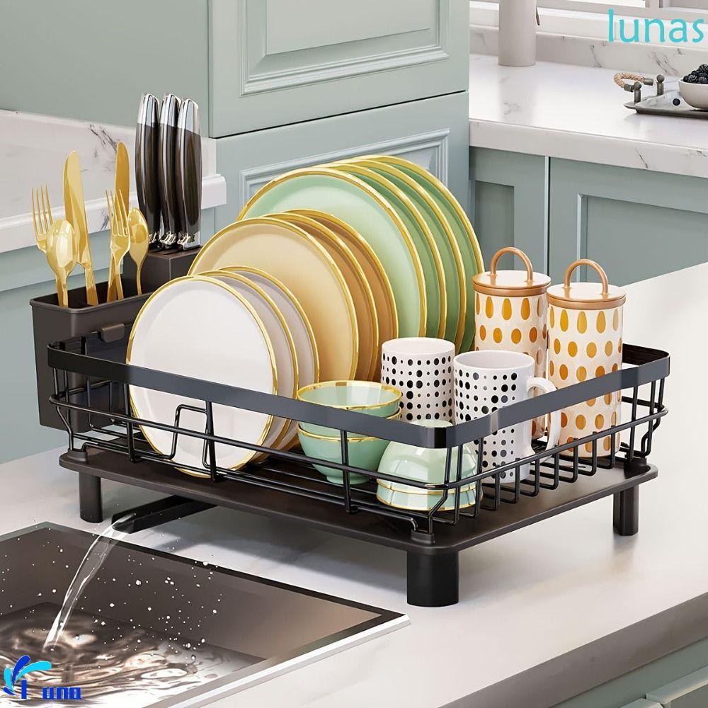 LUNASOL Dish Drying Rack, Large Capacity Black Iron Kitchen Storage Shelf, Organizer Rust-Proof Utensils Chopsticks Holder Extendable Kitchen Counter Organizer Over The Sink