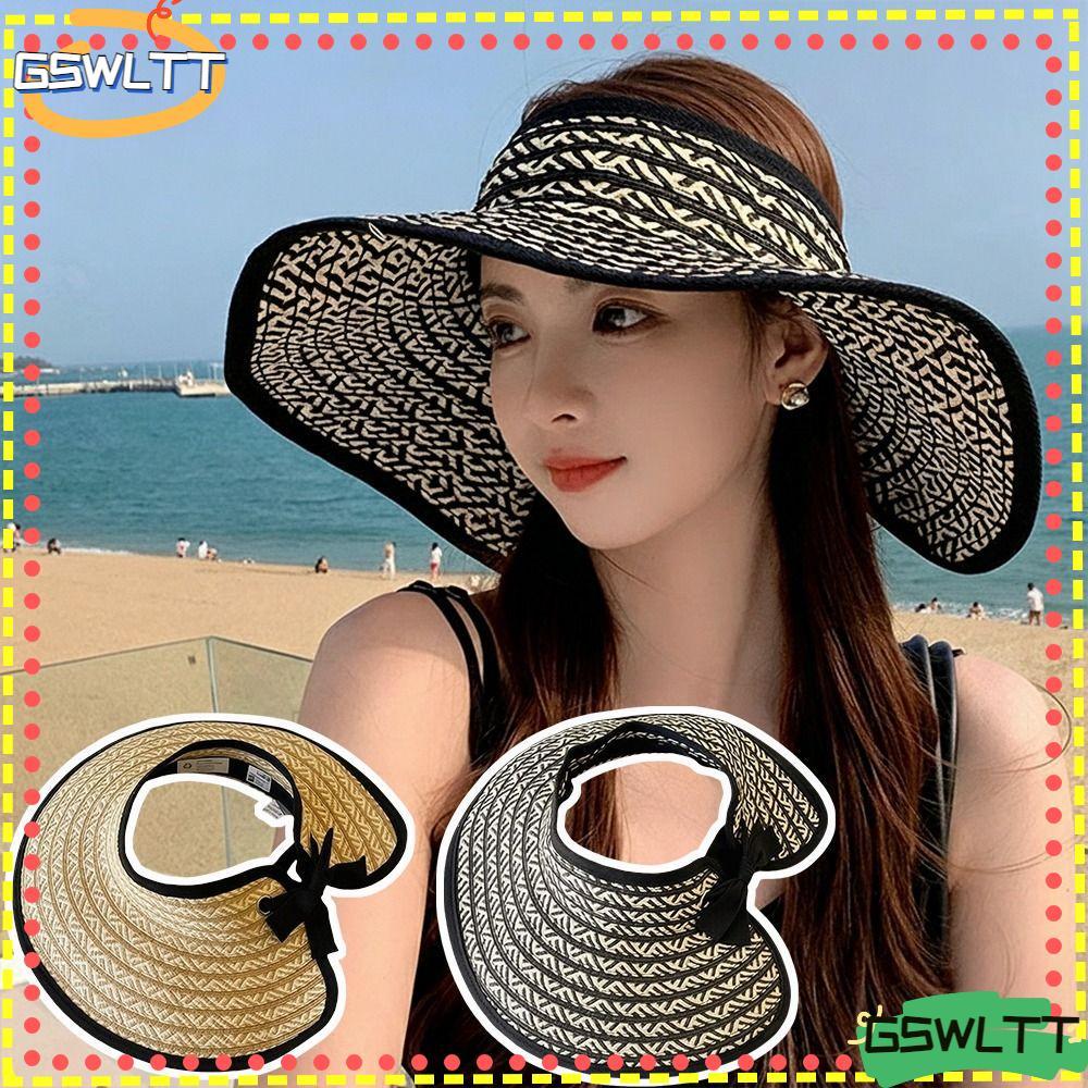 GSWLTT Wide Brim Visor, UV-Resistant Visor Empty Top Straw Visor Hat, Fashion UV Protection Foldable Visor Hat Sun Protection