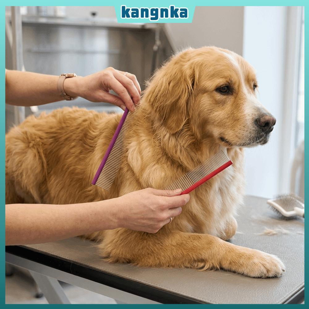 KANGNKA Pet Straight Comb, Metal Non Slip Handle Dog Grooming Comb, Handheld Portable Double Density Teeth Lightweight Body Round Teeth Cat Hair Comb Daily Fur Care
