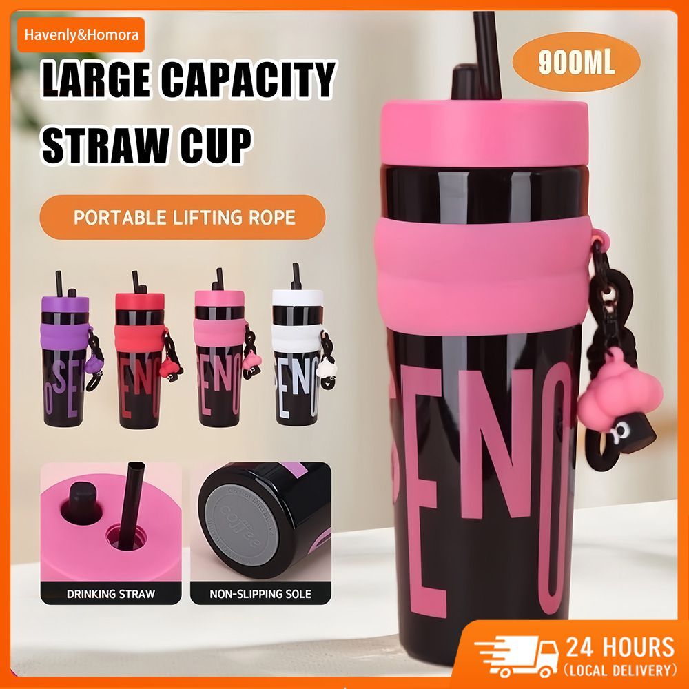【Free gift / COD】900ML Sport Large Capacity Plastic Cup Portable Straw Cup Dopamine Color Water Cup