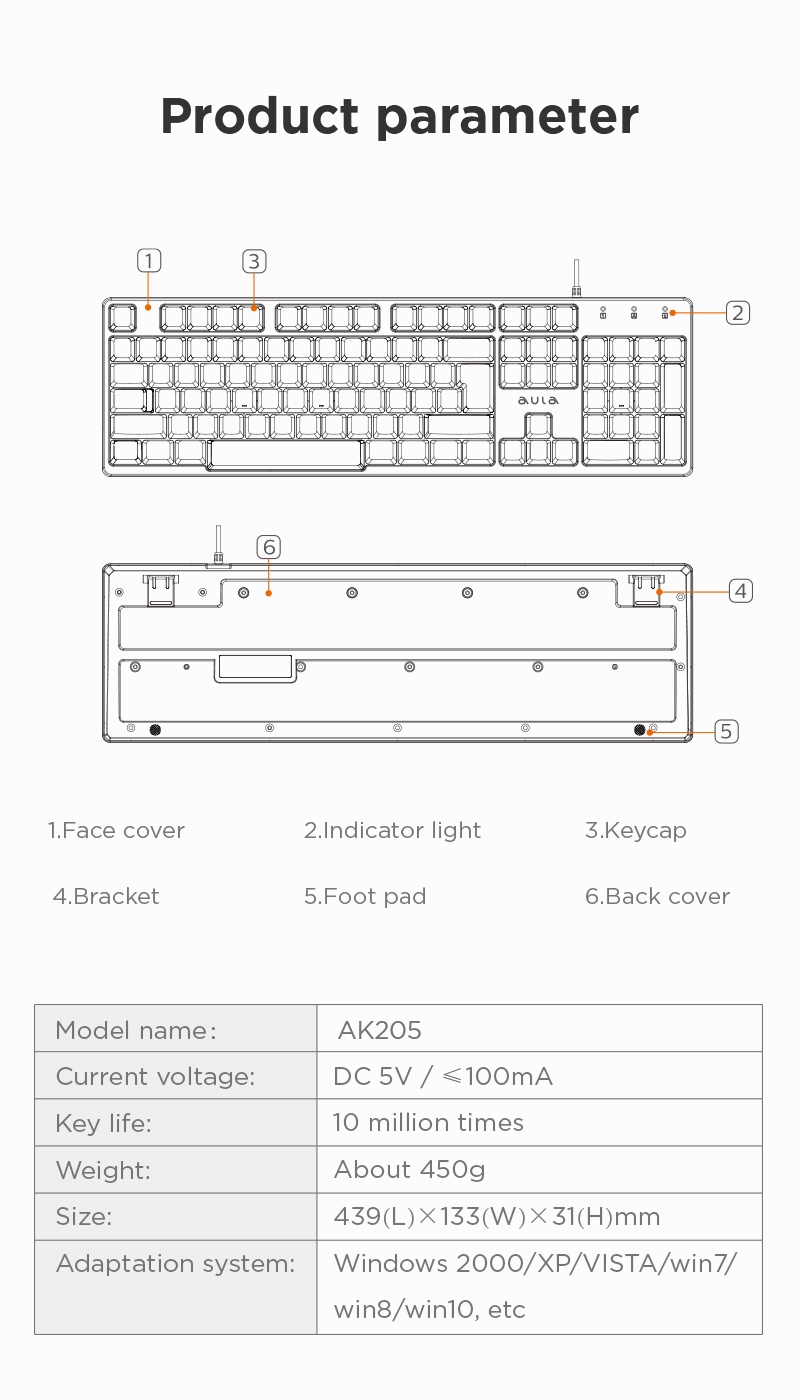 AULA AK205 Wired Keyboard | Full-Sized | 10 million Keylife | 1.5m USB ...
