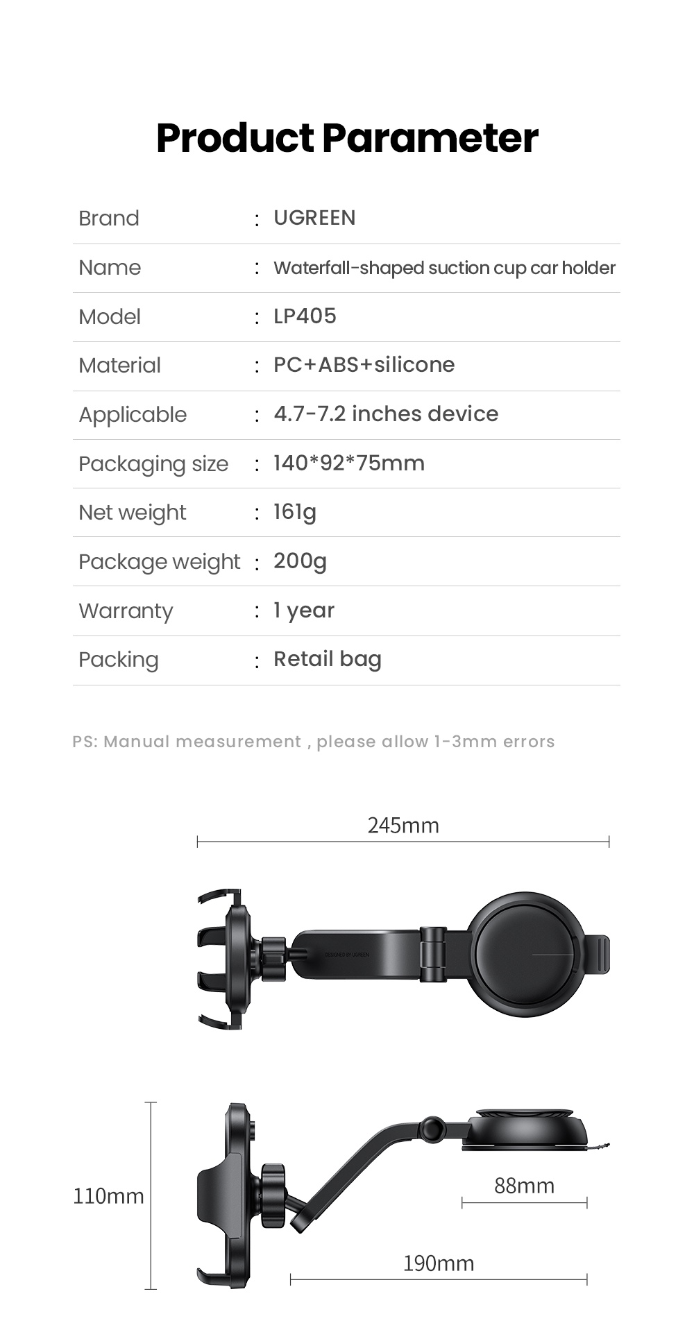 UGREEN Car Phone Holder for Dashboard Adjustable Car Mobile Mount