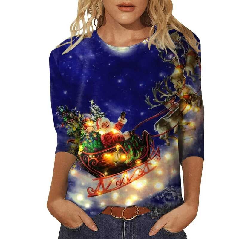 2023 Women’s Pullover Round Neck Seven Quarter Sleeve Top Digital Printed T-Shirt