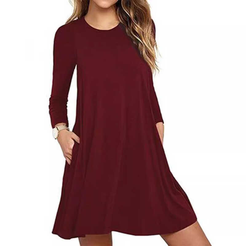 2024 Autumn New Dress Solid Color Round Neck Large Swing Pocket Dress