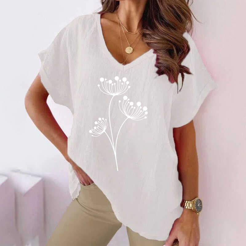 2023 Summer Plant Flower Printed V-Neck Cotton Hemp Casual Bat Short Sleeved T-Shirt For Women