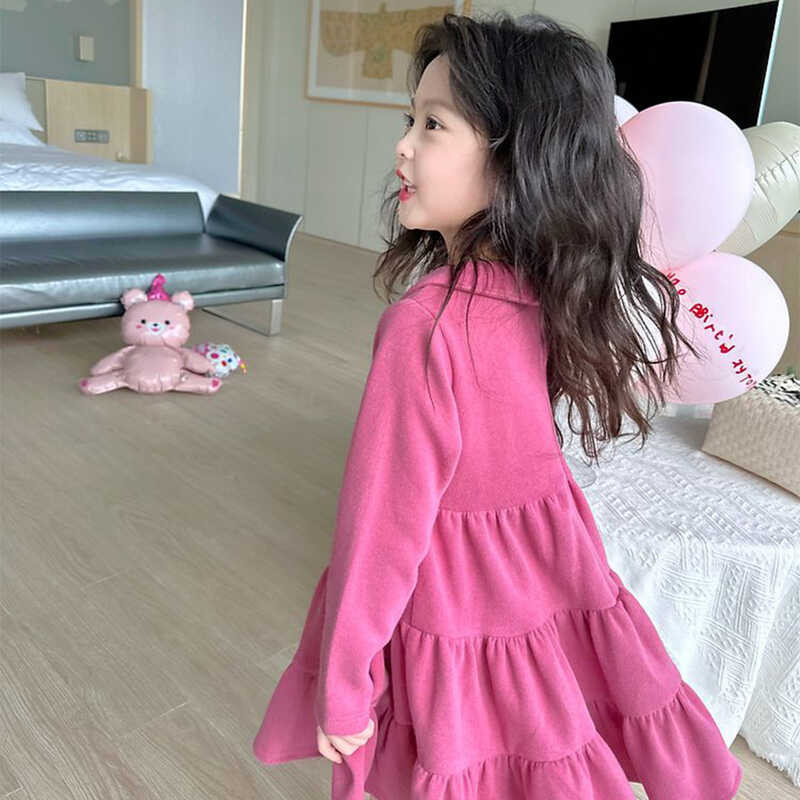 2-7 Bear Leader Years Old Lapel Long Sleeve Panel Knitted Cake Dress 2023 New Autumn Winter Baby